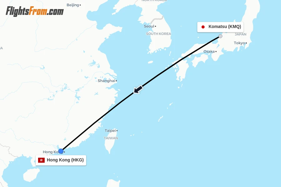 Flights from Komatsu to Hong Kong route map