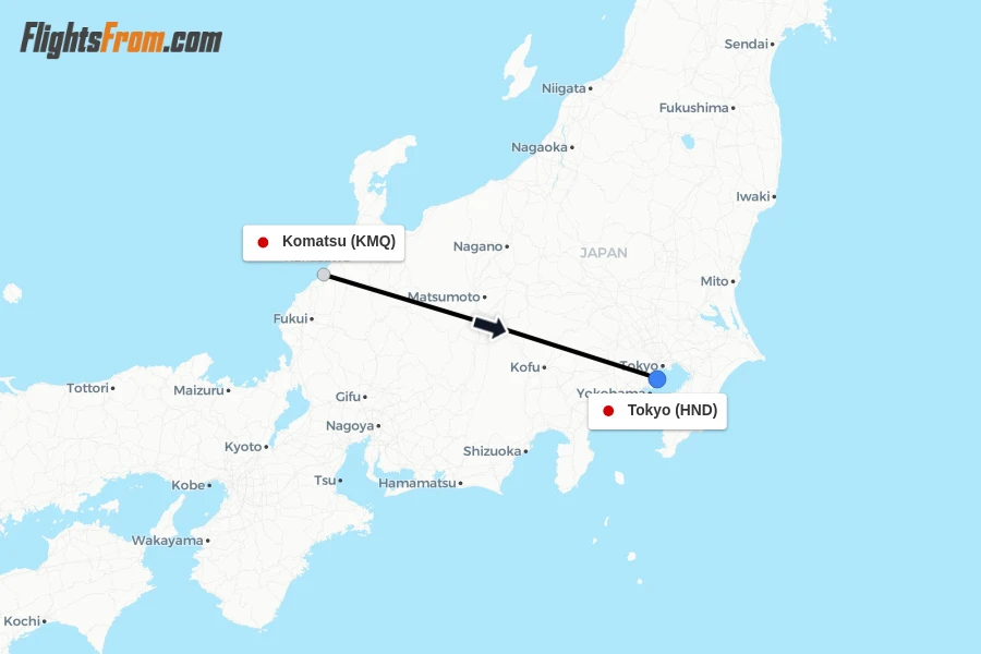 Flights from Komatsu to Tokyo route map