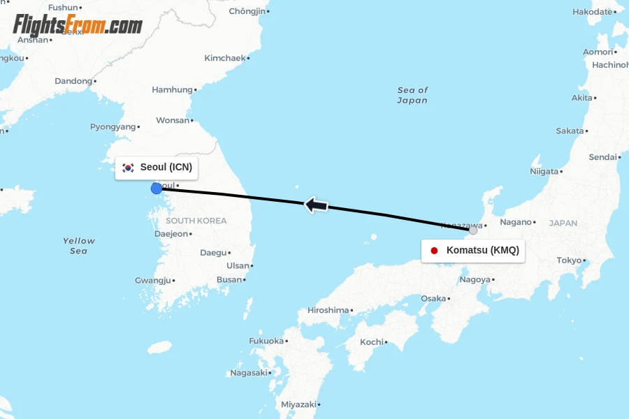 Flights from Komatsu to Seoul route map
