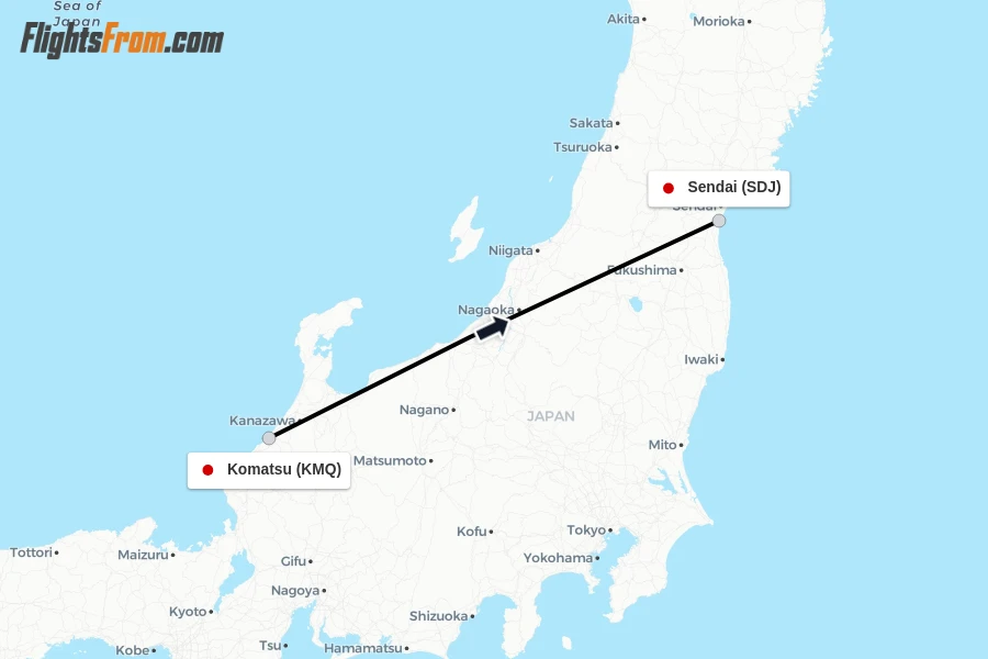 Flights from Komatsu to Sendai route map