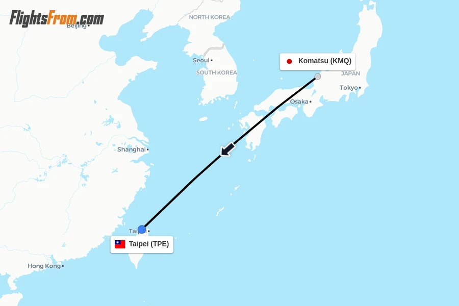 Flights from Komatsu to Taipei route map