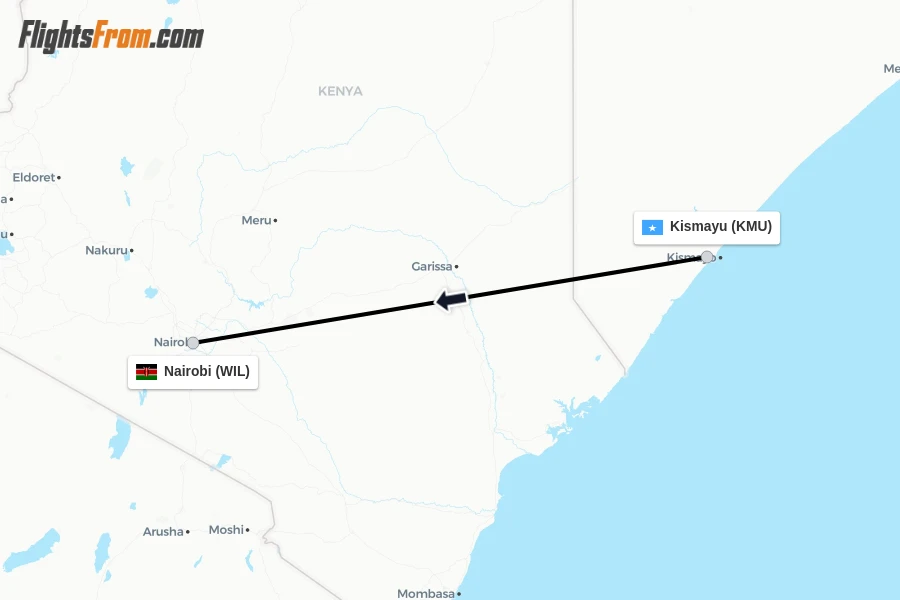 Flights from Kismayu to Nairobi route map