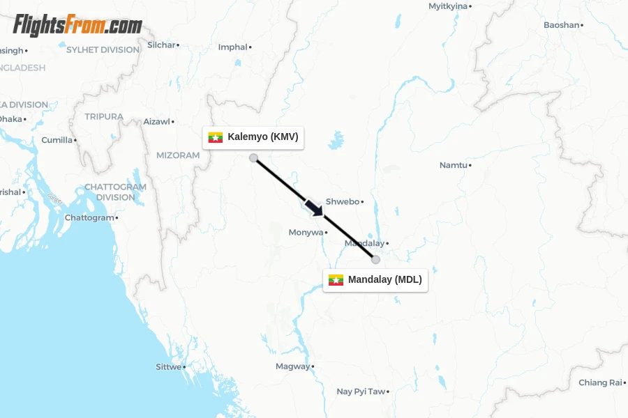 Flights from Kalemyo to Mandalay route map