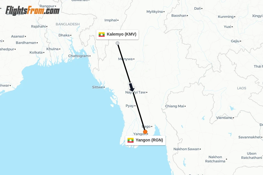 Flights from Kalemyo to Yangon route map