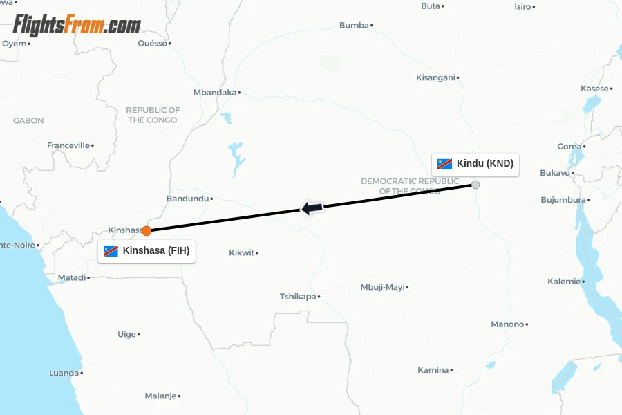 Flights from Kindu to Kinshasa route map