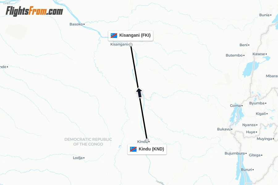 Flights from Kindu to Kisangani route map