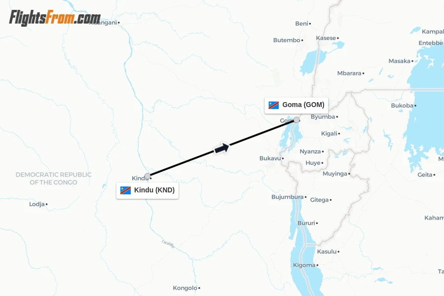 Flights from Kindu to Goma route map