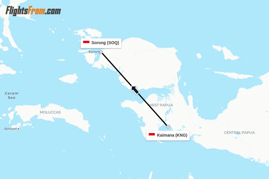 Flights from Kaimana to Sorong route map