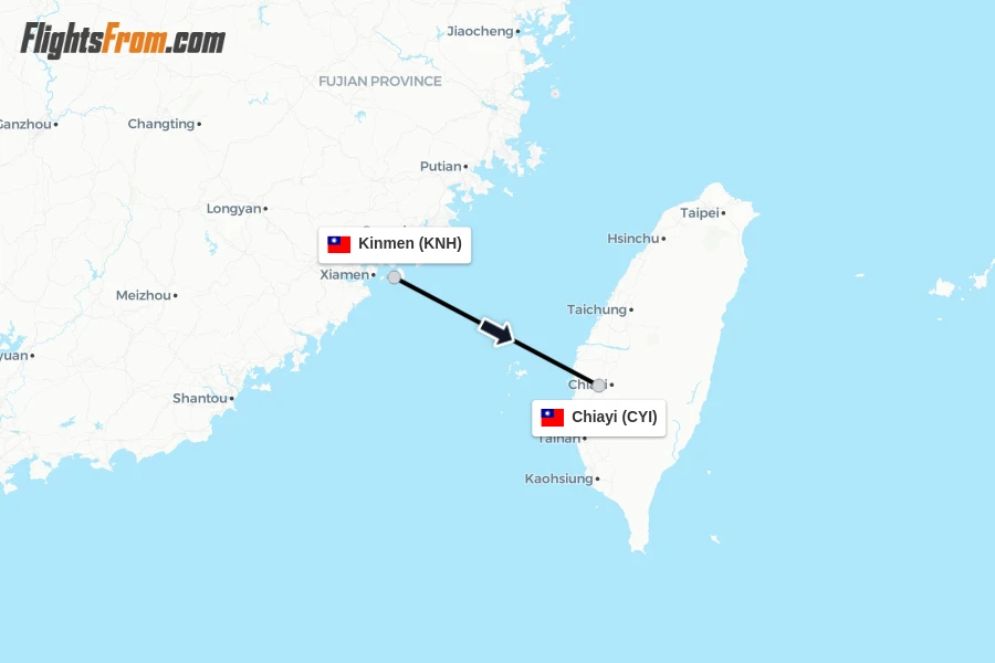 Flights from Kinmen to Chiayi route map
