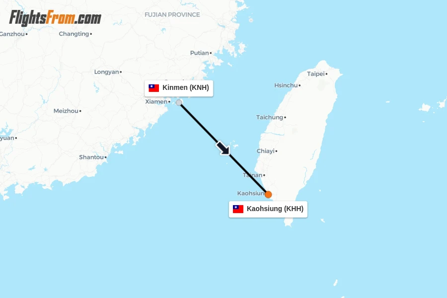 Flights from Kinmen to Kaohsiung route map