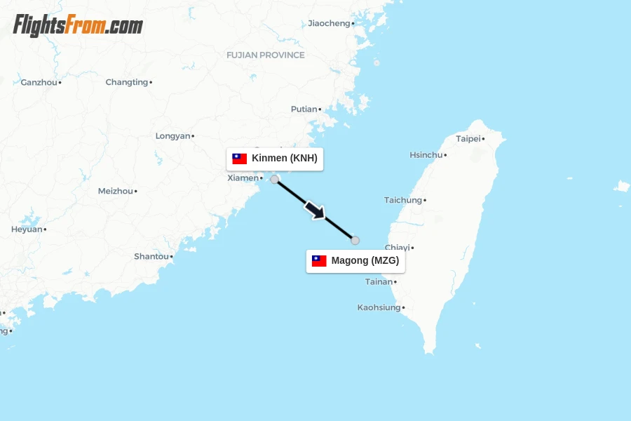 Flights from Kinmen to Magong route map