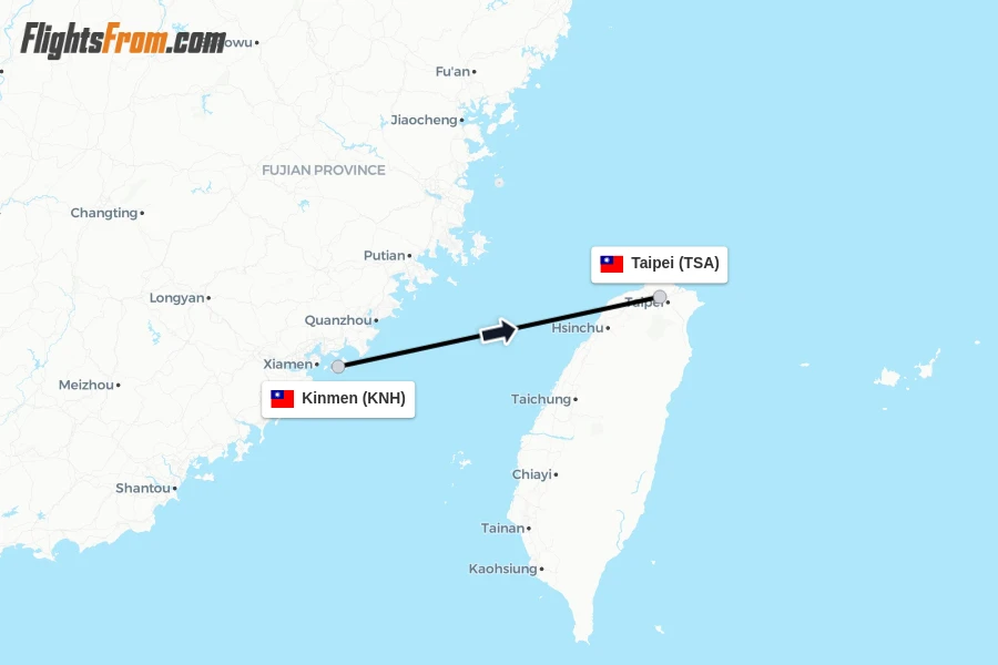 Flights from Kinmen to Taipei route map