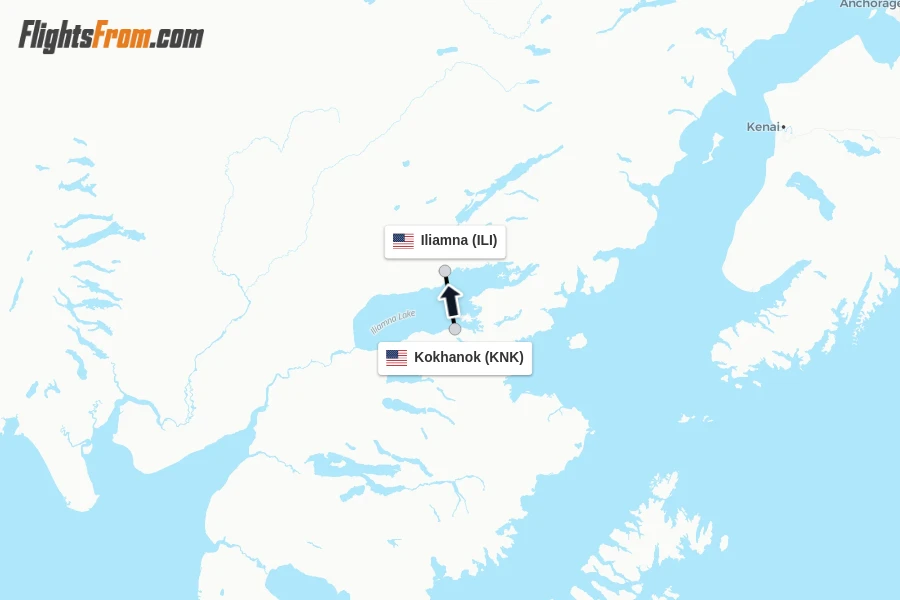 Flights from Kokhanok to Iliamna route map