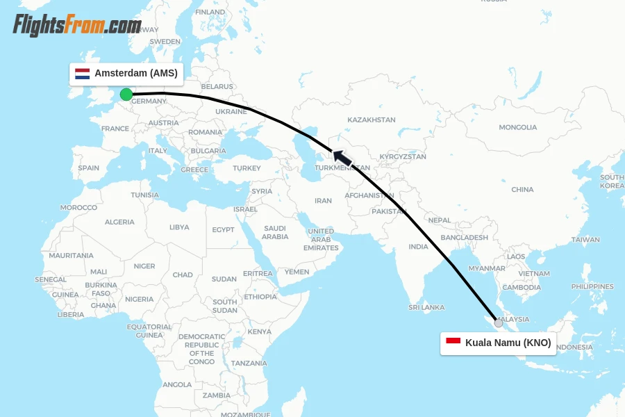 Flights from Kuala Namu to Amsterdam route map