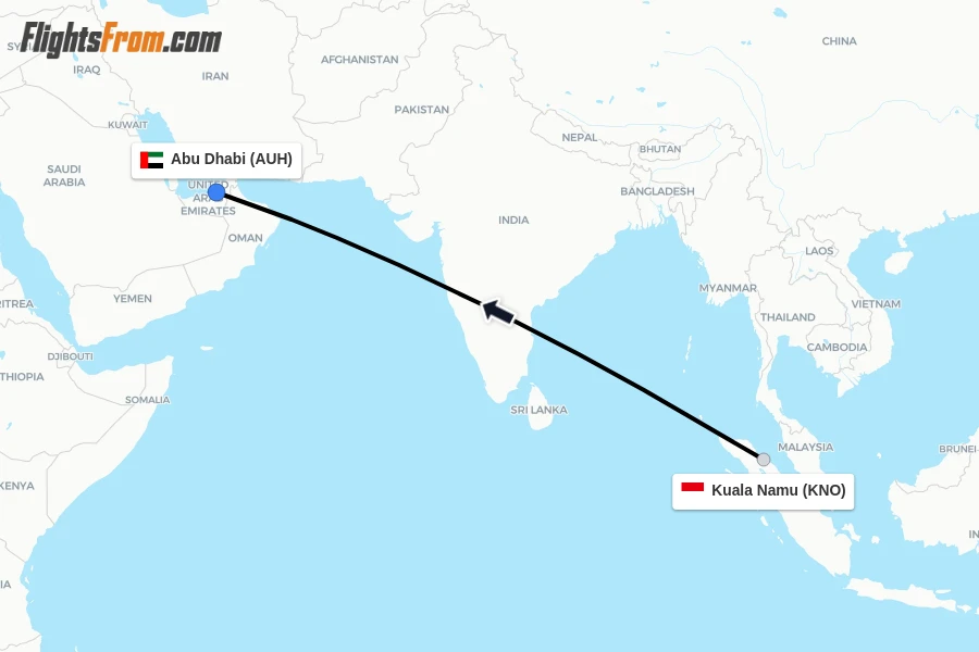 Flights from Kuala Namu to Abu Dhabi route map