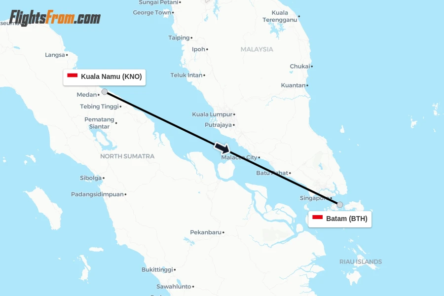 Flights from Kuala Namu to Batam route map