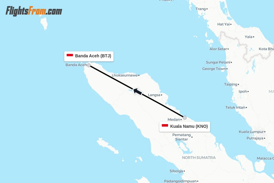 Flights from Kuala Namu to Banda Aceh route map