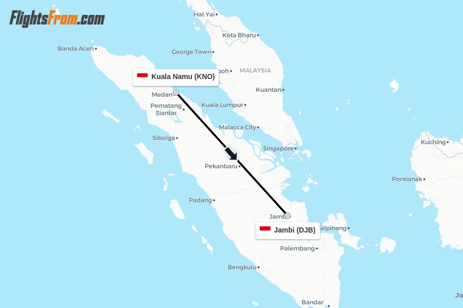 Flights from Kuala Namu to Jambi route map