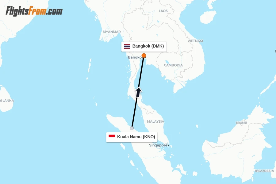 Flights from Kuala Namu to Bangkok route map