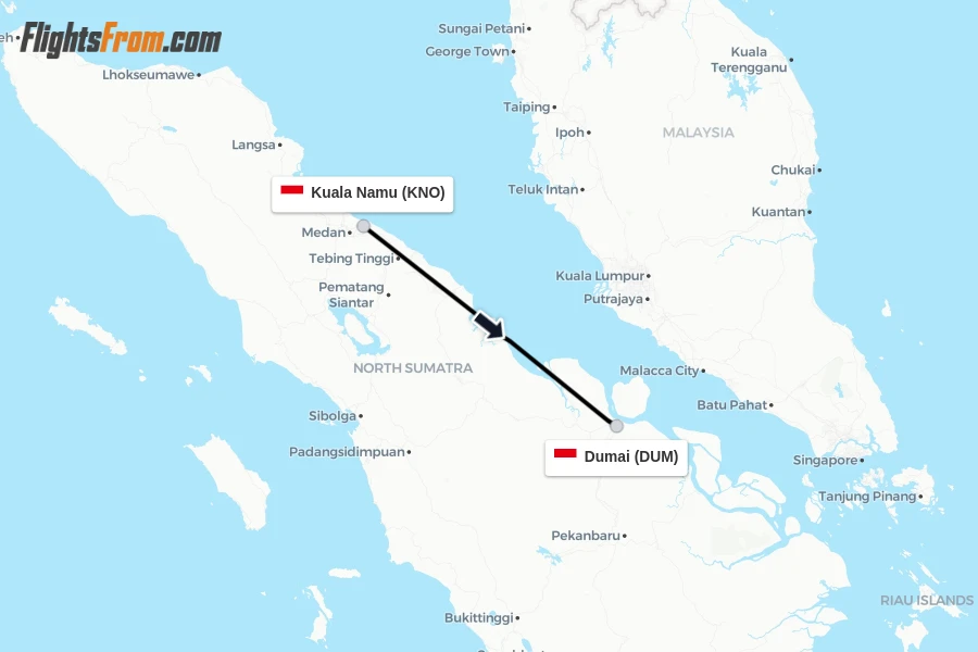 Flights from Kuala Namu to Dumai route map