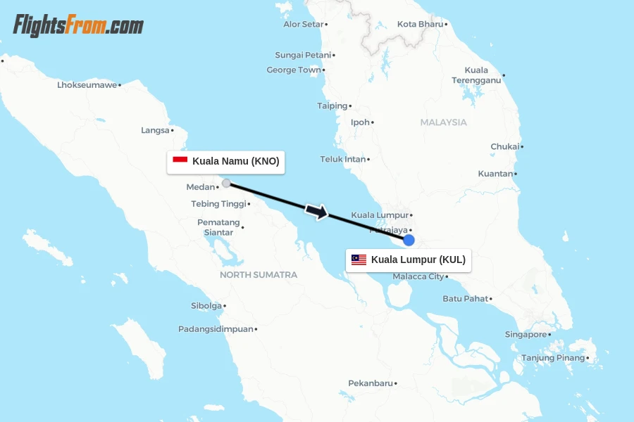 Flights from Kuala Namu to Kuala Lumpur route map