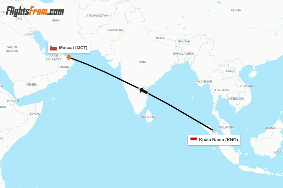 Flights from Kuala Namu to Muscat route map