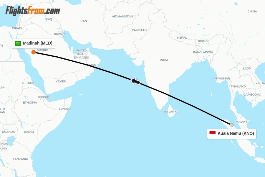 Flights from Kuala Namu to Madinah route map