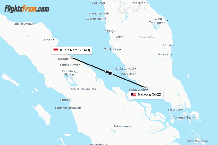 Flights from Kuala Namu to Malacca route map