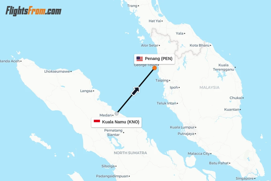 Flights from Kuala Namu to Penang route map