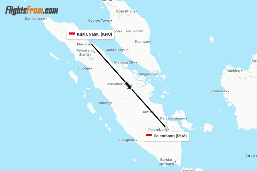 Flights from Kuala Namu to Palembang route map