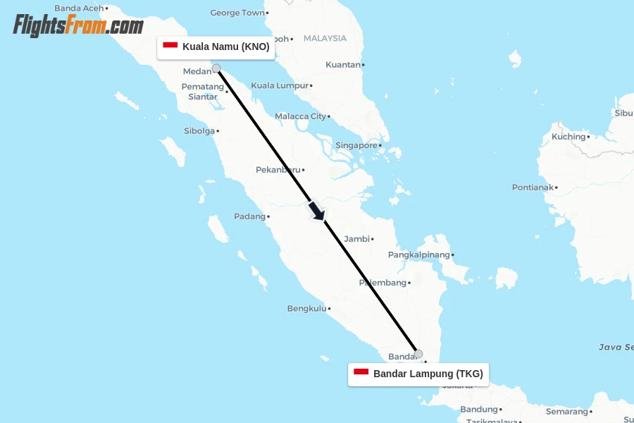 Flights from Kuala Namu to Bandar Lampung route map