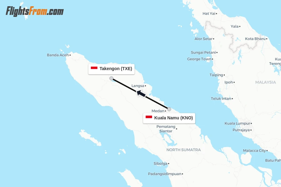 Flights from Kuala Namu to Takengon route map