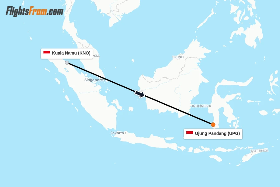 Flights from Kuala Namu to Ujung Pandang route map