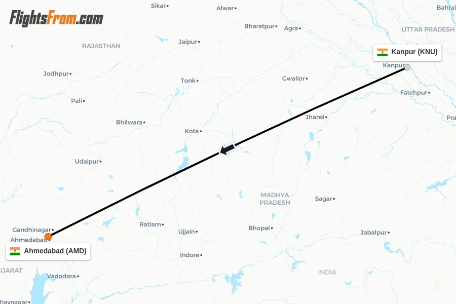 Flights from Kanpur to Ahmedabad route map