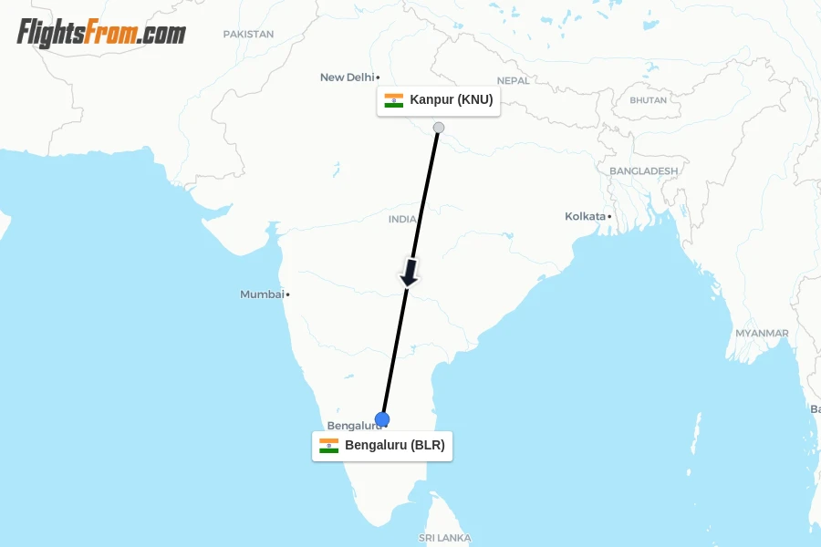 Flights from Kanpur to Bengaluru route map