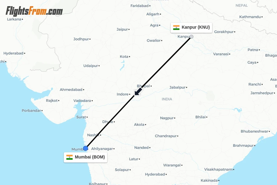 Flights from Kanpur to Mumbai route map