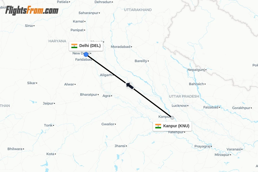 Flights from Kanpur to Delhi route map