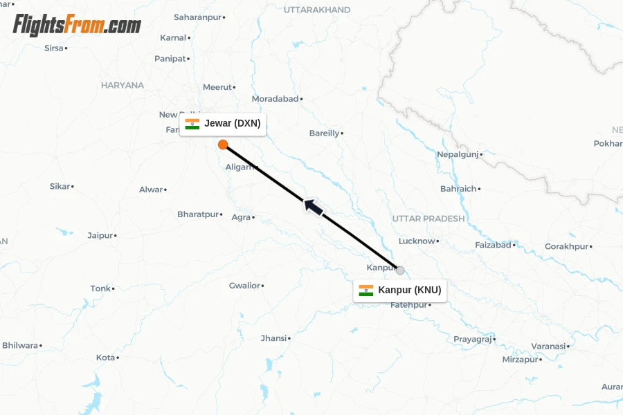 Flights from Kanpur to Jewar route map