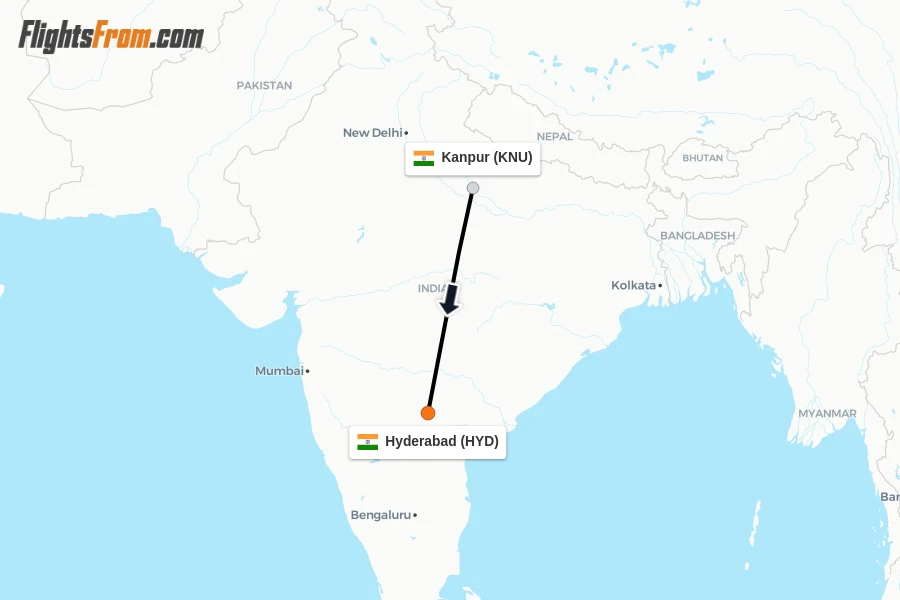 Flights from Kanpur to Hyderabad route map
