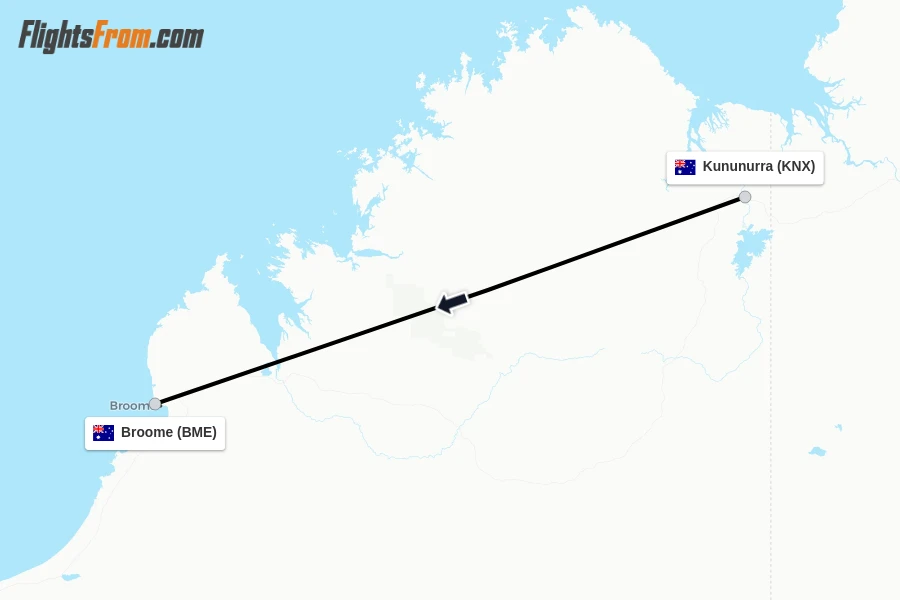 Flights from Kununurra to Broome route map
