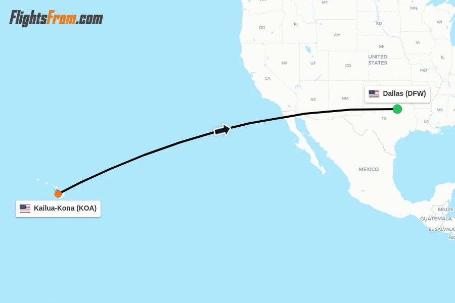 Flights from Kailua-Kona to Dallas route map