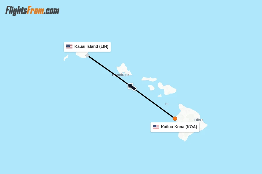 Flights from Kailua-Kona to Kauai Island route map