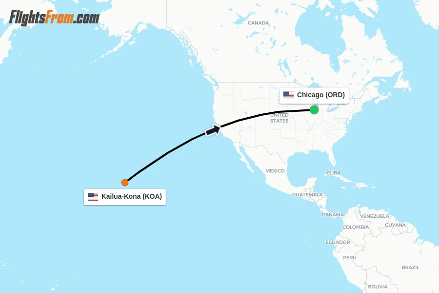 Flights from Kailua-Kona to Chicago route map