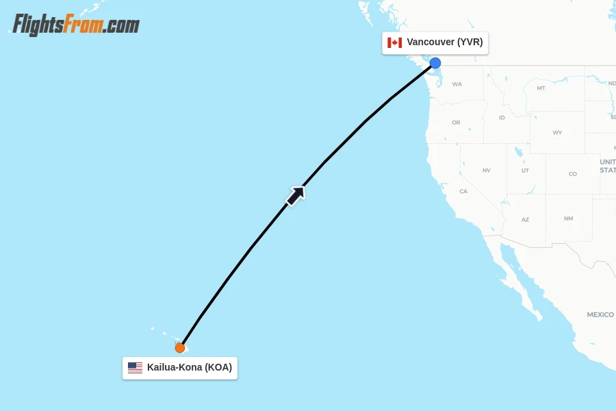 Flights from Kailua-Kona to Vancouver route map