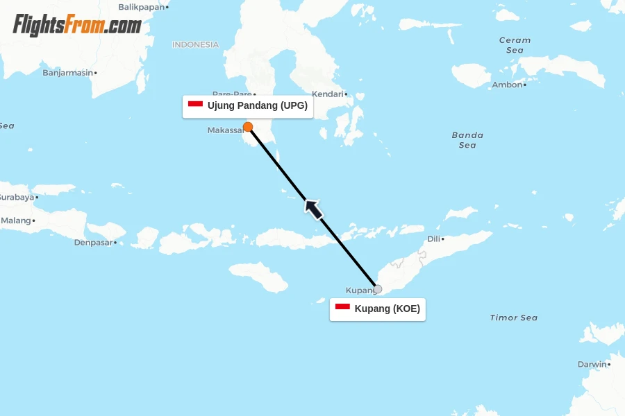 Flights from Kupang to Ujung Pandang route map