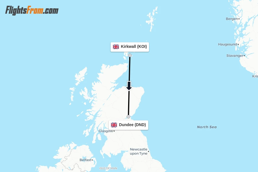 Flights from Kirkwall to Dundee route map
