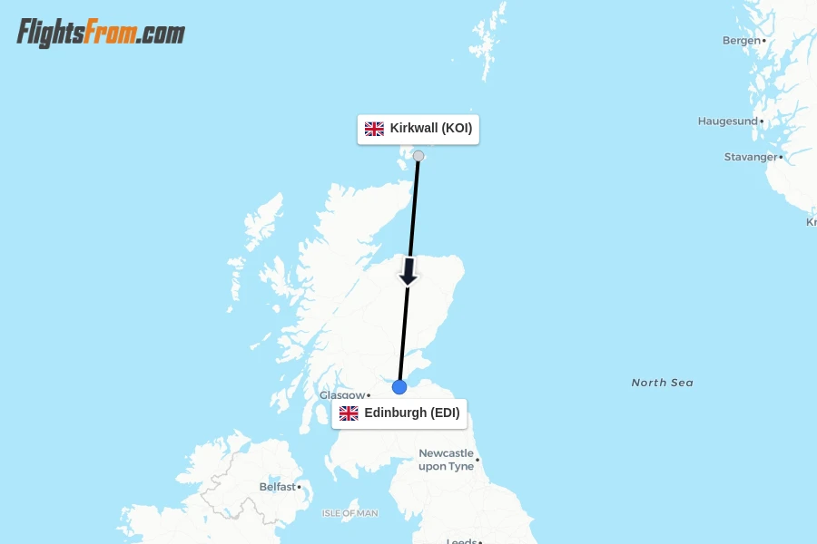 Flights from Kirkwall to Edinburgh route map