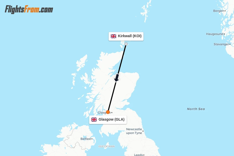 Flights from Kirkwall to Glasgow route map