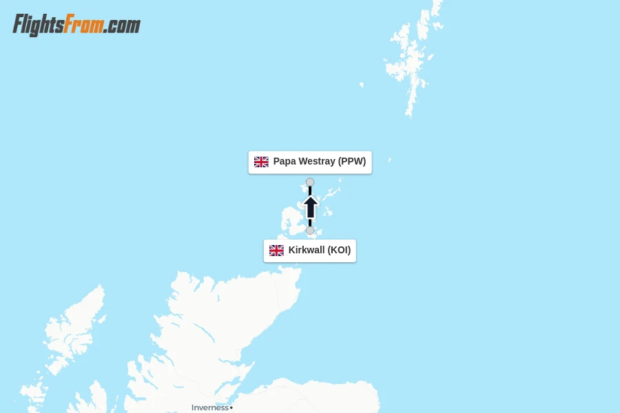 Flights from Kirkwall to Papa Westray route map