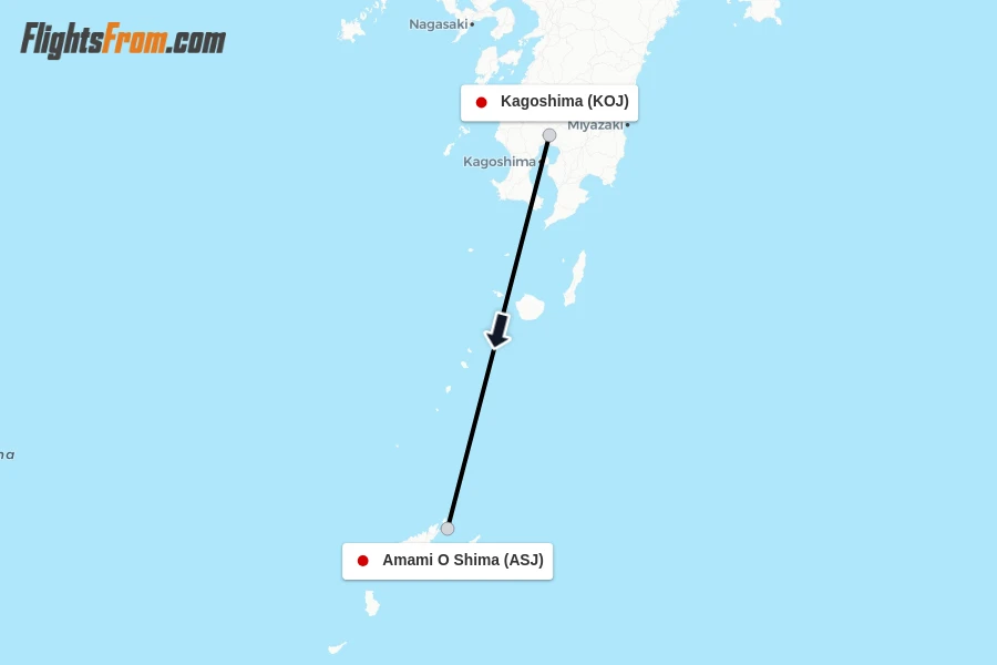 Flights from Kagoshima to Amami O Shima route map